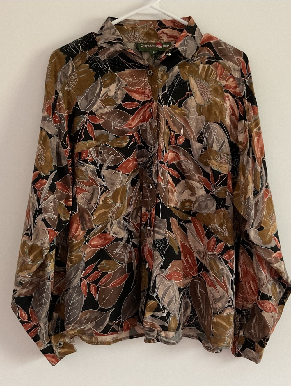 VTG Outback Red Blouse Large Black Floral Button Down Long Sleeve Artsy Grandma